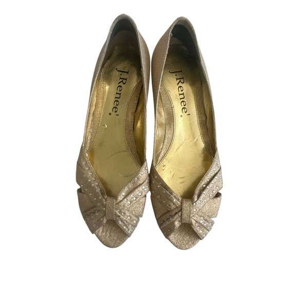 J RENEE Gold Fabric Metallic Kitten Heel Wedges Size 8 - Picture 7 of 8